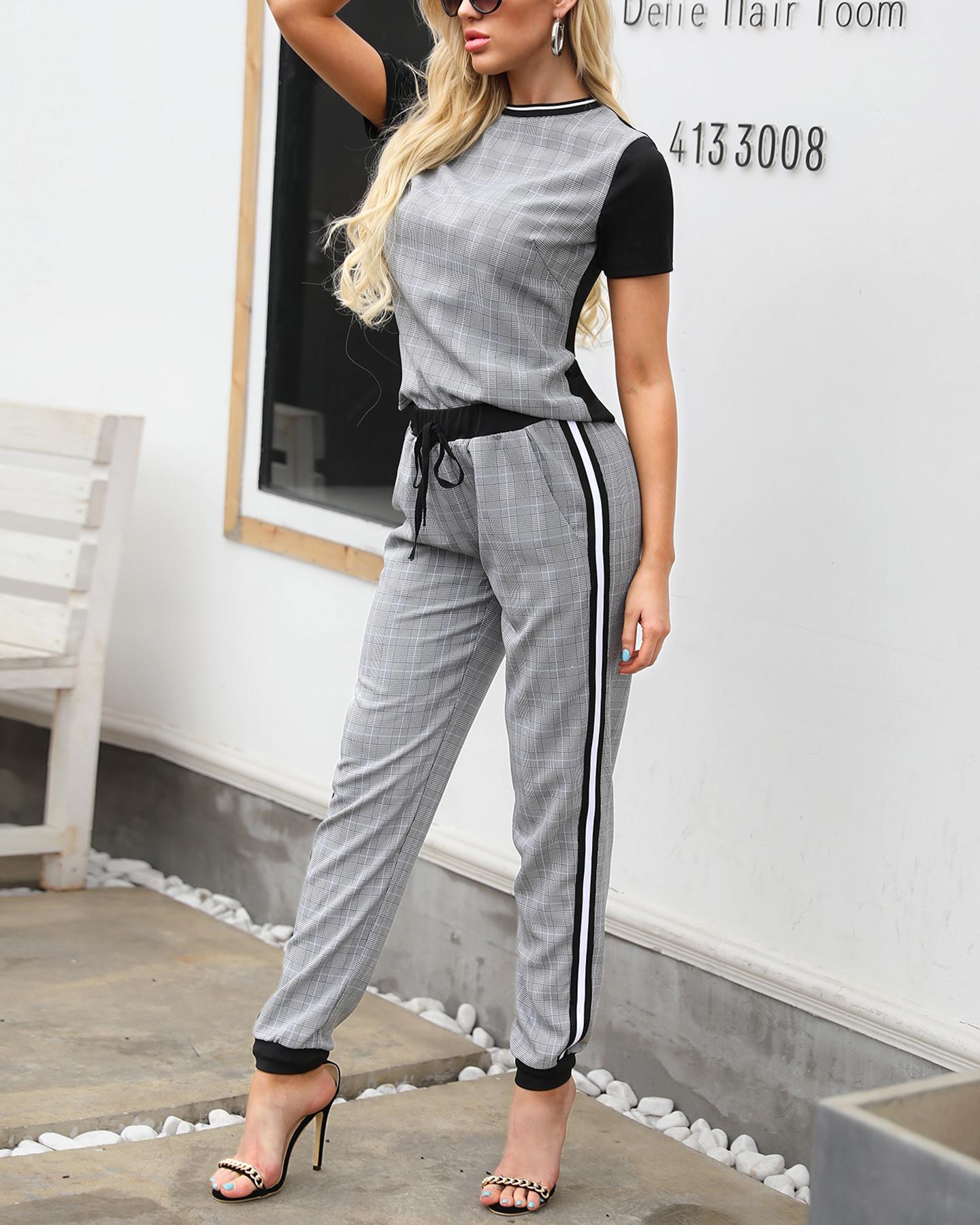 

Side Striped Plaid Print Drawstring Casual Pants Set, Gray