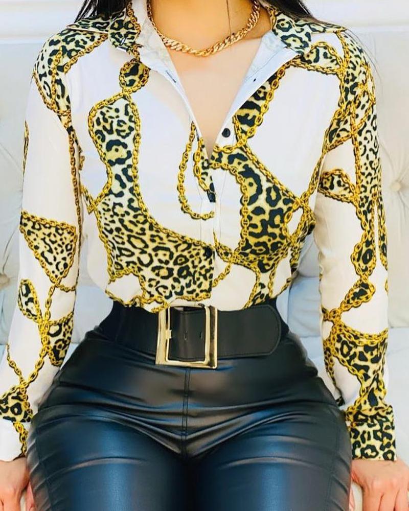 

Leopard Print Long Sleeve Shirt, White