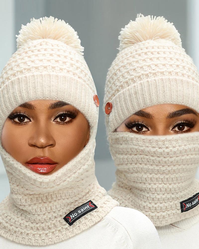 

2 In 1 Pom Pom Plain Knit Beanie, Beige