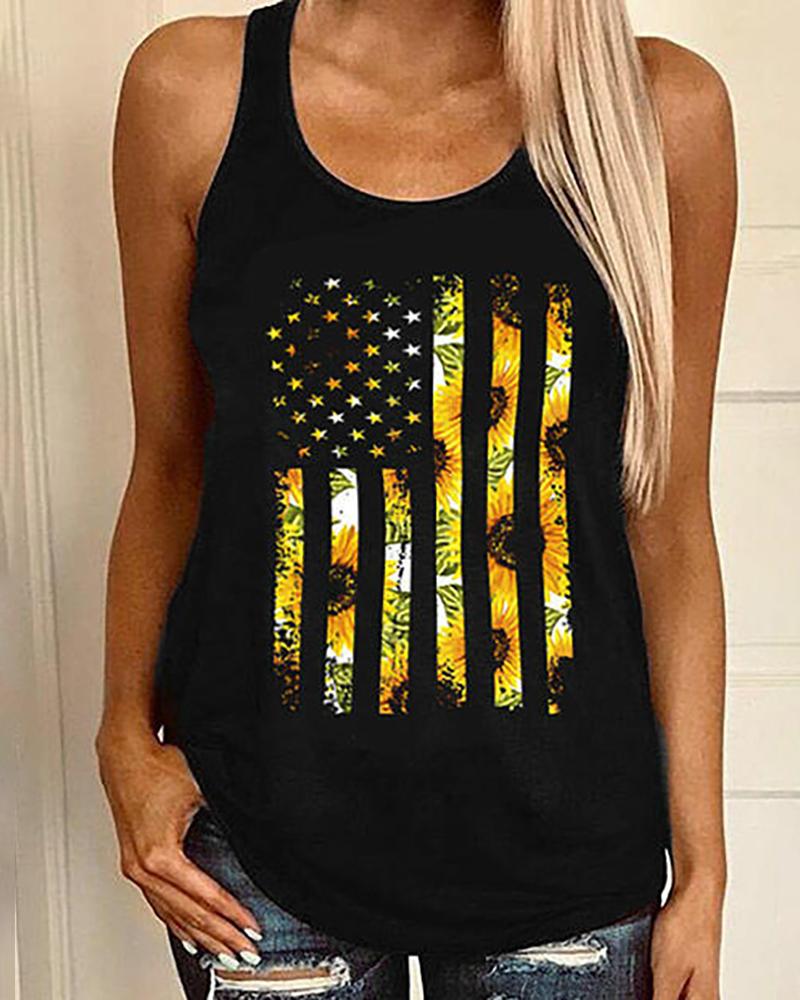 

Flower Flag Print Thin Strap Casual Top, Black