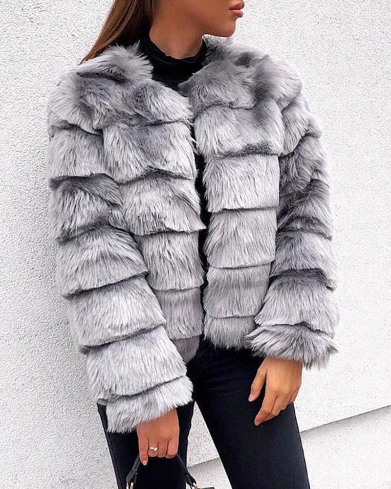 

Solid Fluffy Furs Long Sleeve Coat, Gray