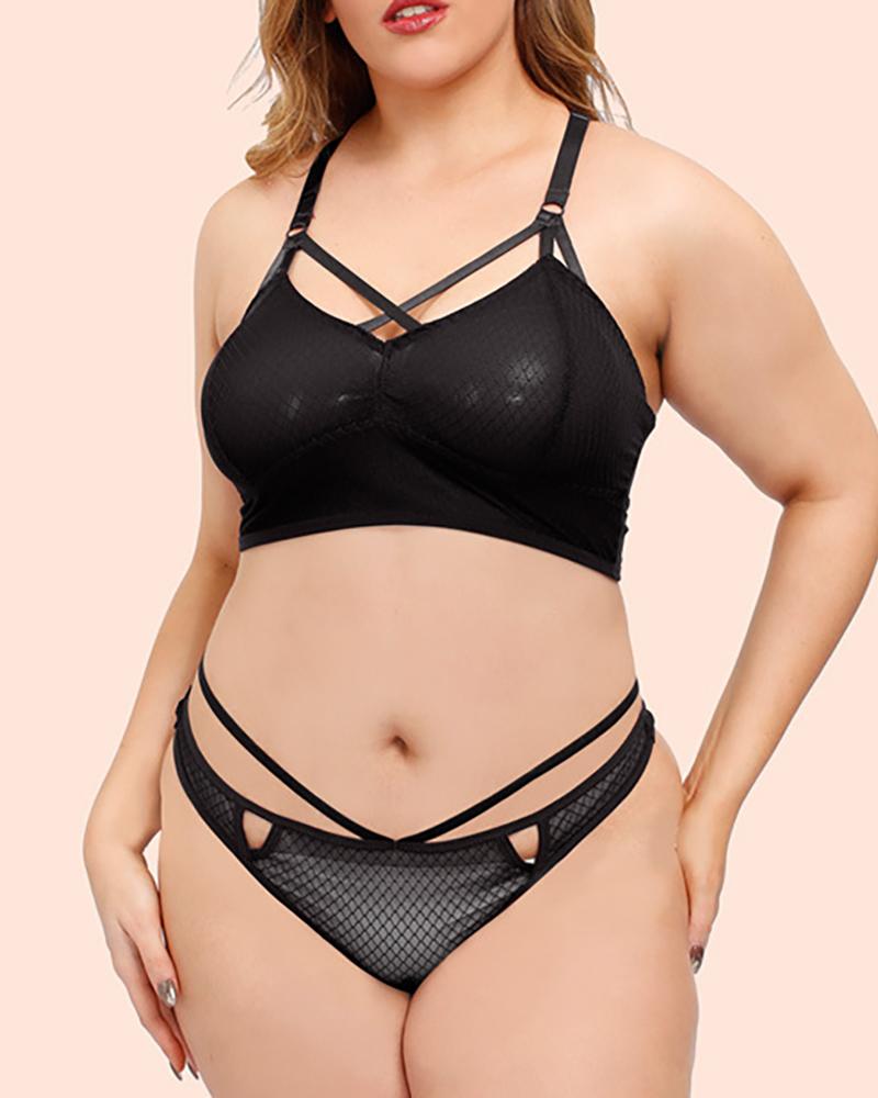 

Plus Size Sheer Mesh Lace Cutout Bra Set, Black