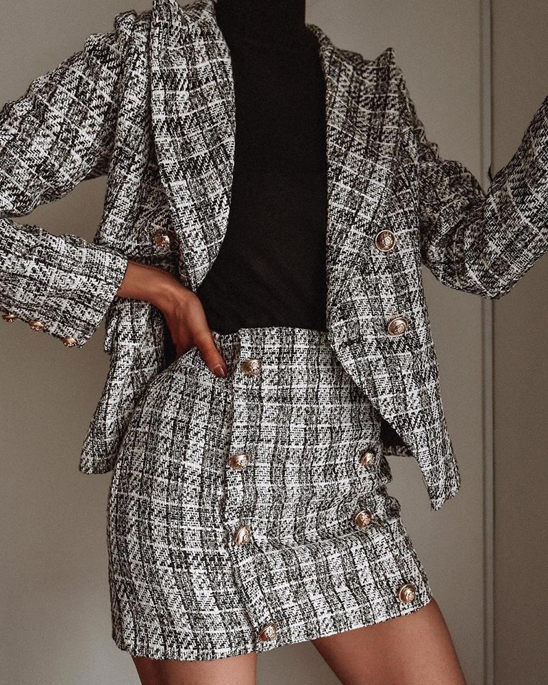 

Plaid Button Detail Blazer & Skirts, Black&white