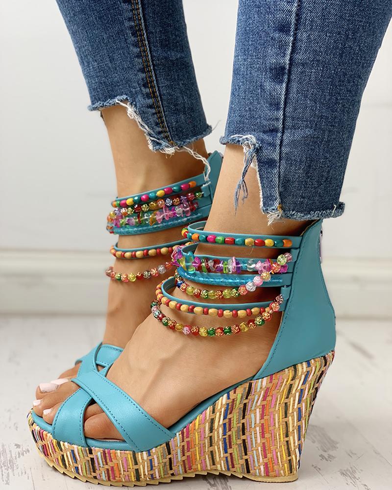 

Colorful Beaded Platform Wedge Sandals, Blue