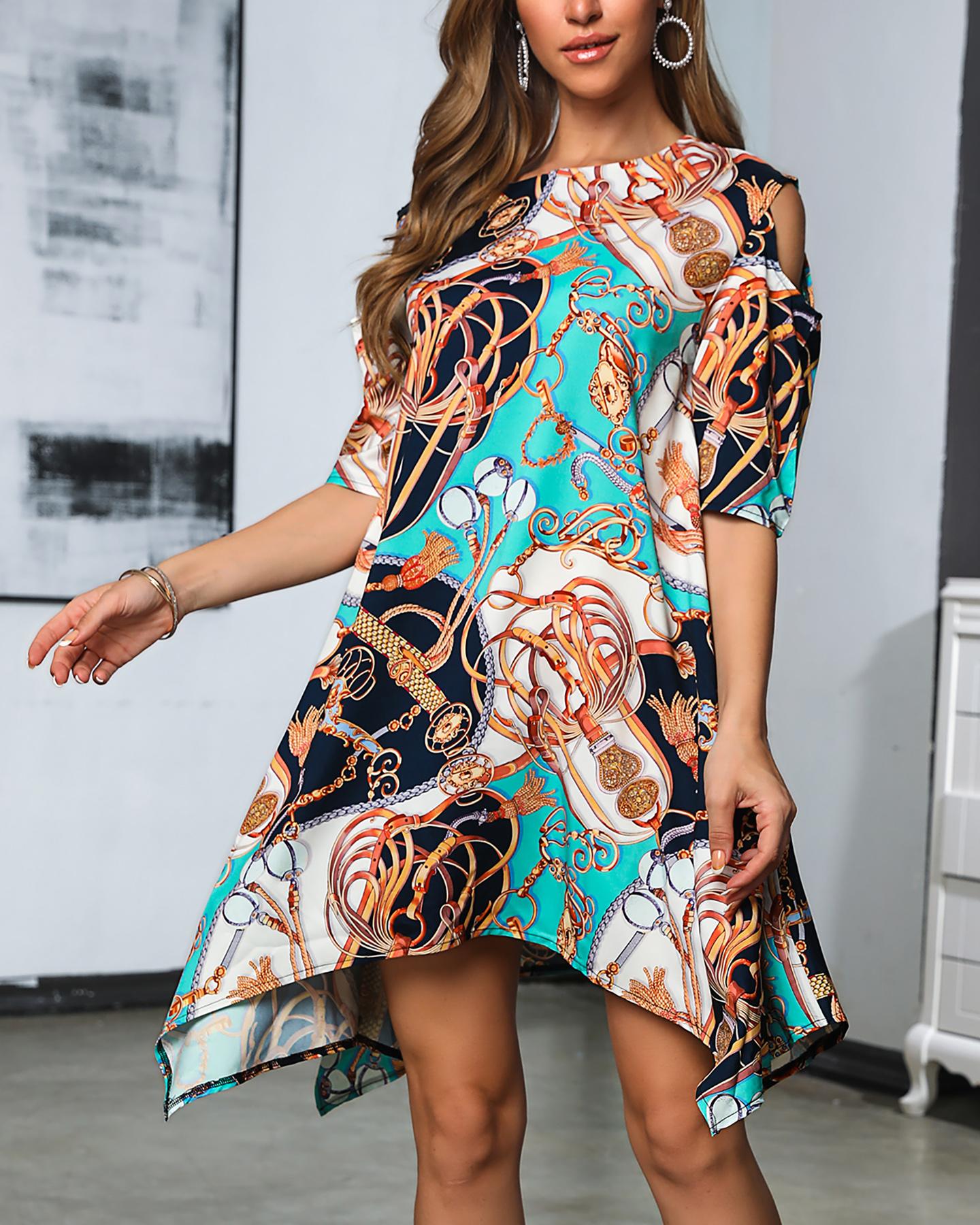 

Chain Print Irregular Hem Casual Dress, Multicolor