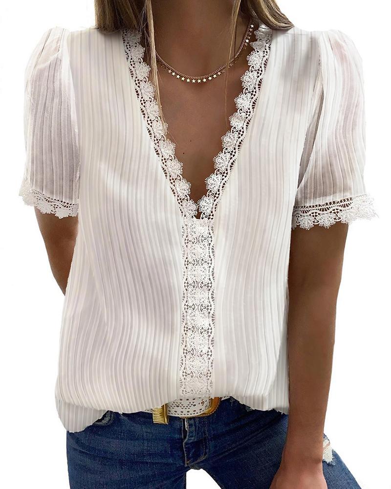 

Eyelash Lace Trim Short Sleeve Casual Top, White