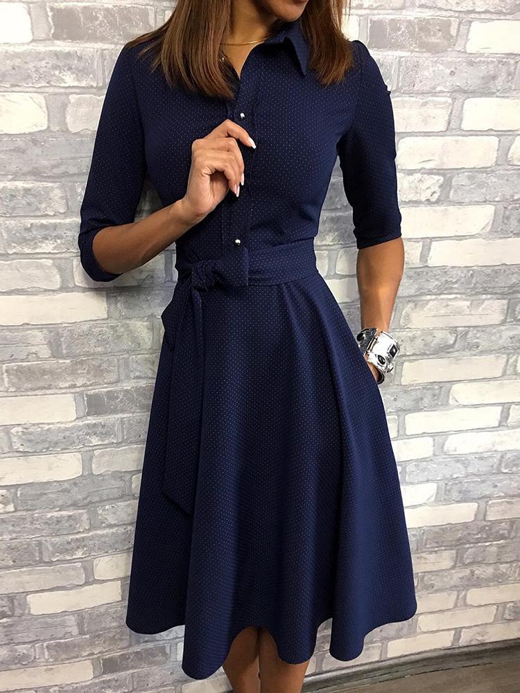 

Dots Tie Waist Pleated Shirt Dress