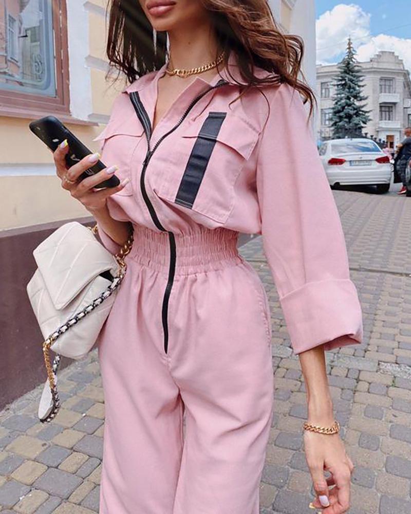 

Pocket Zipper Design Colorblock Cargo Jumpsuit, Pink