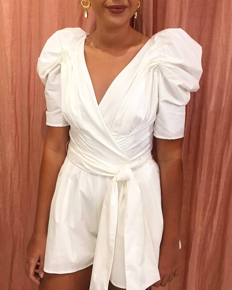 

Solid Puff Sleeve V-Neck Wrap Dress