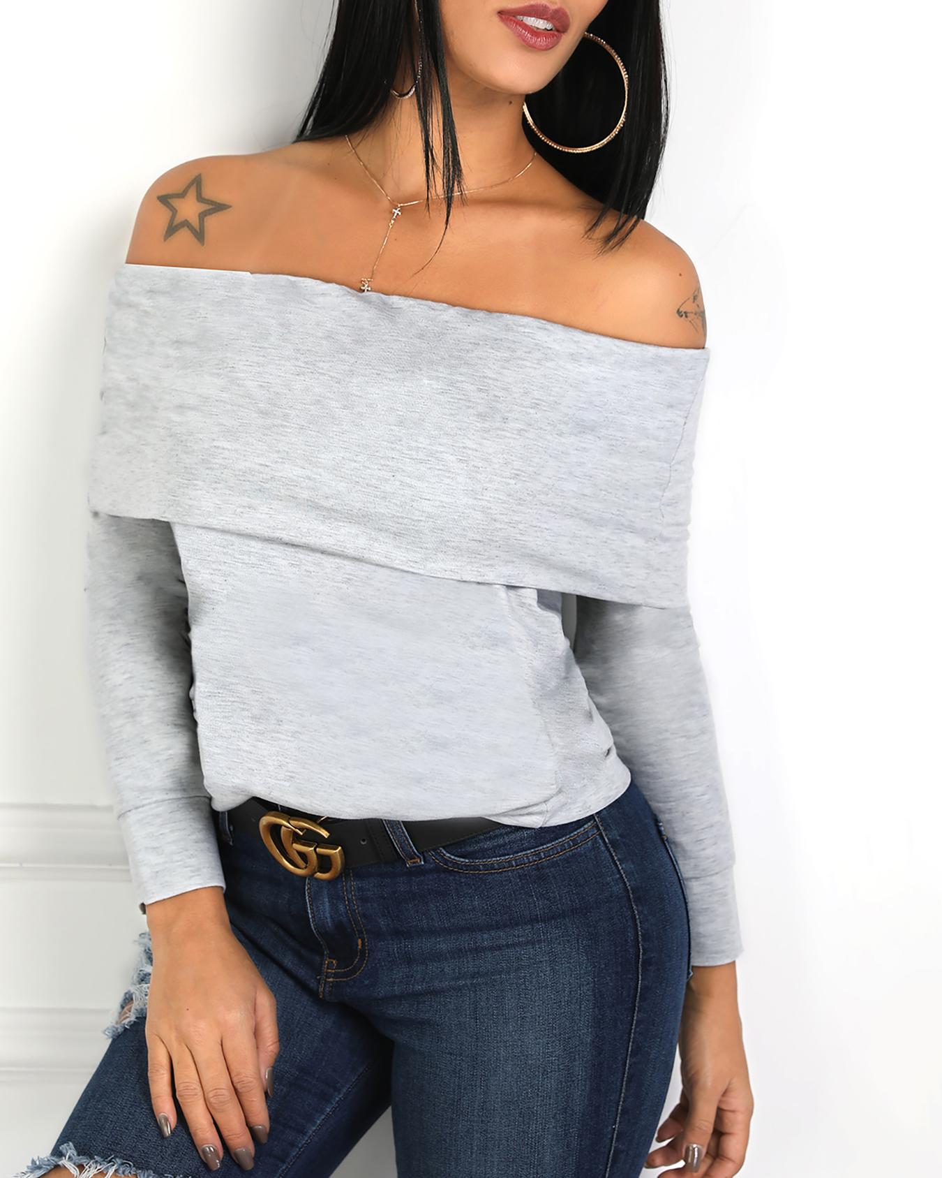 

Solid Off Shoulder Fold-Over Casual Blouse, Gray