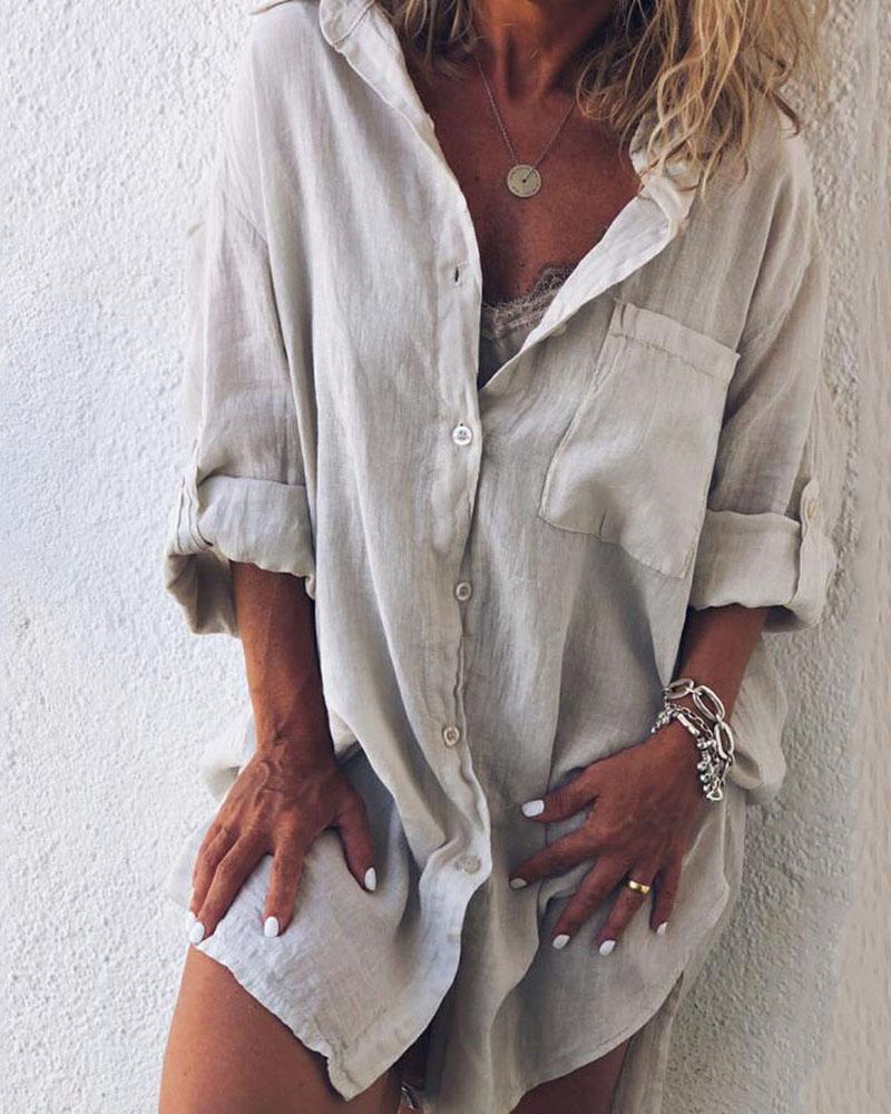 

Casual Solid Color Roll Up Sleeve Shirt
