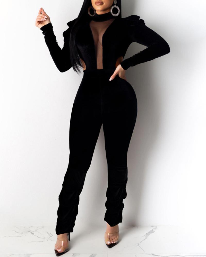 

Velvet Mesh Backless Long Sleeve Jumpsuit, Black