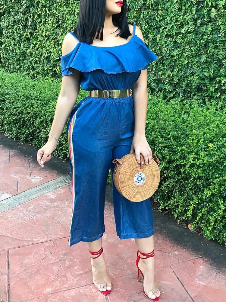 

Denim Striped Tape Side Ruffles Jumpsuits