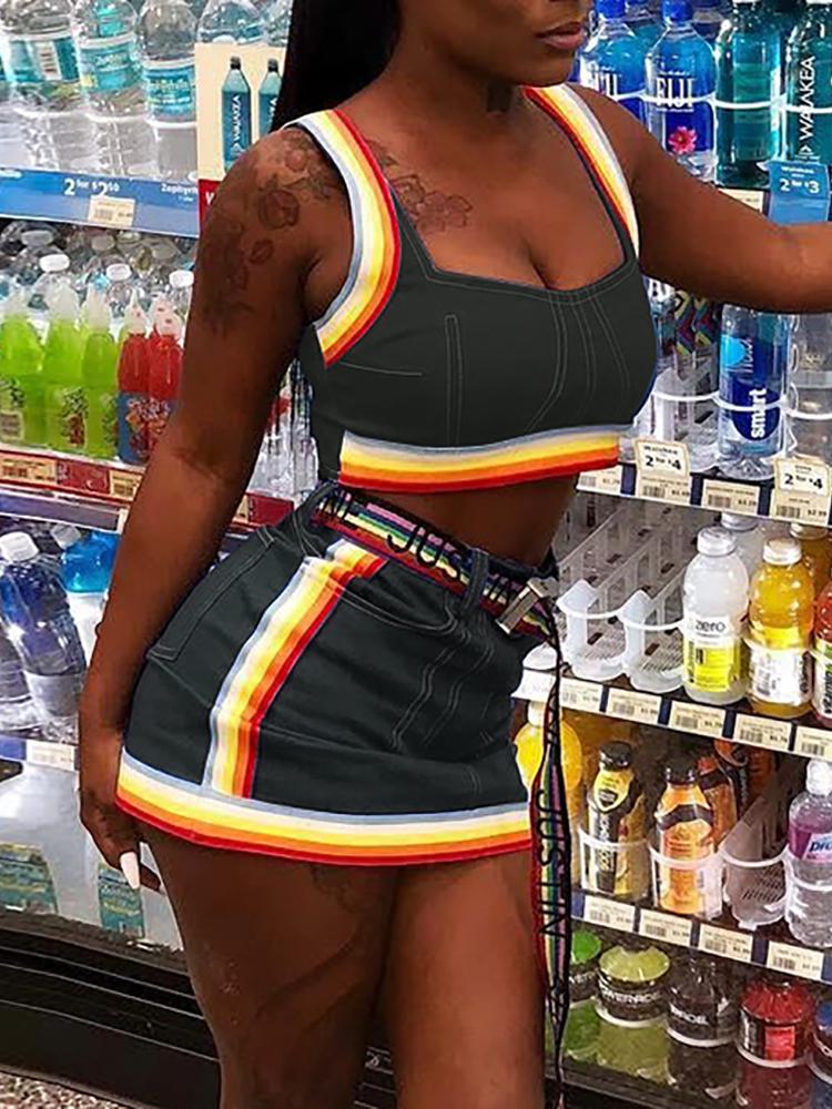 

Colorful Striped Tape Denim Cami Top & Skirt Set, Black