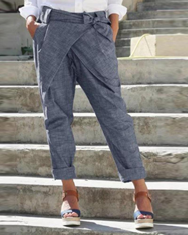 

Cross Over Design Tie Waist Pants, Blue