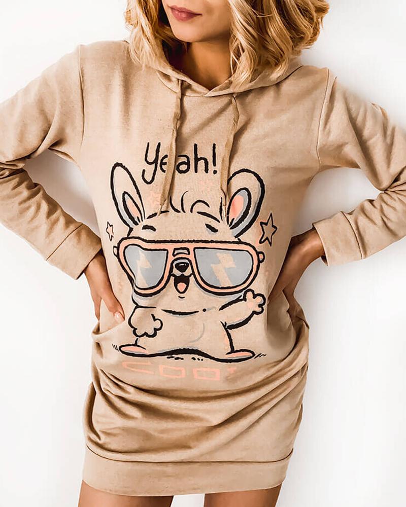 

Rabbit Print Long Sleeve Sweatshirt Dress, Khaki