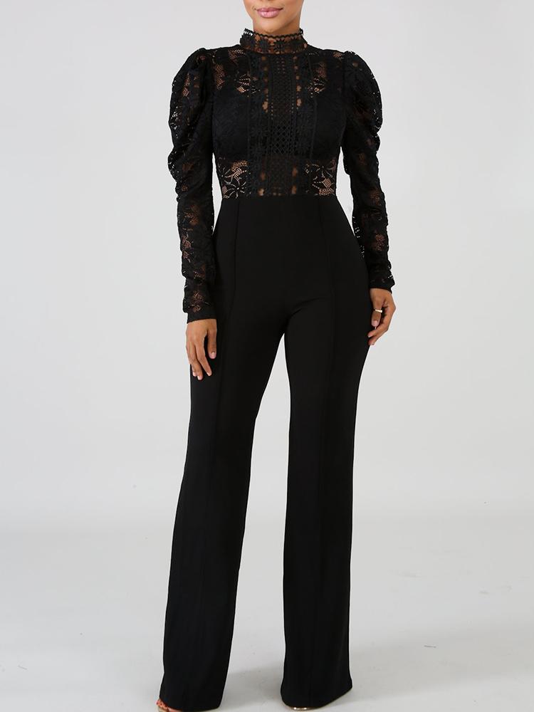

Mock Neck Floral Lace Bodice Jumpsuit, Black