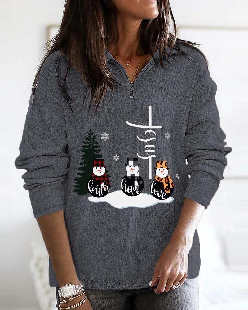 

Christmas Snowman Print Zipper Design Sweatshirt, Dark grey