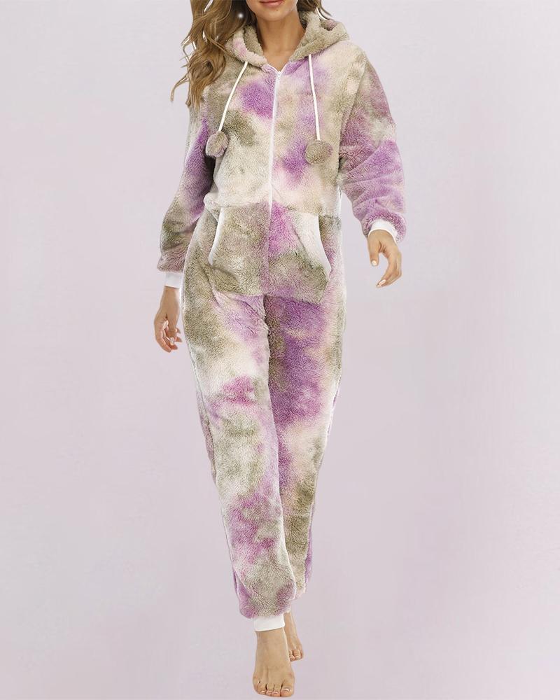 

Tie Dye Print Hooded Teddy Sleep Jumpsuit, Purple