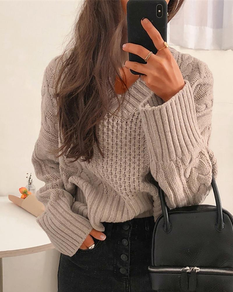 

Solid Braided Knit Casual Sweater, Khaki