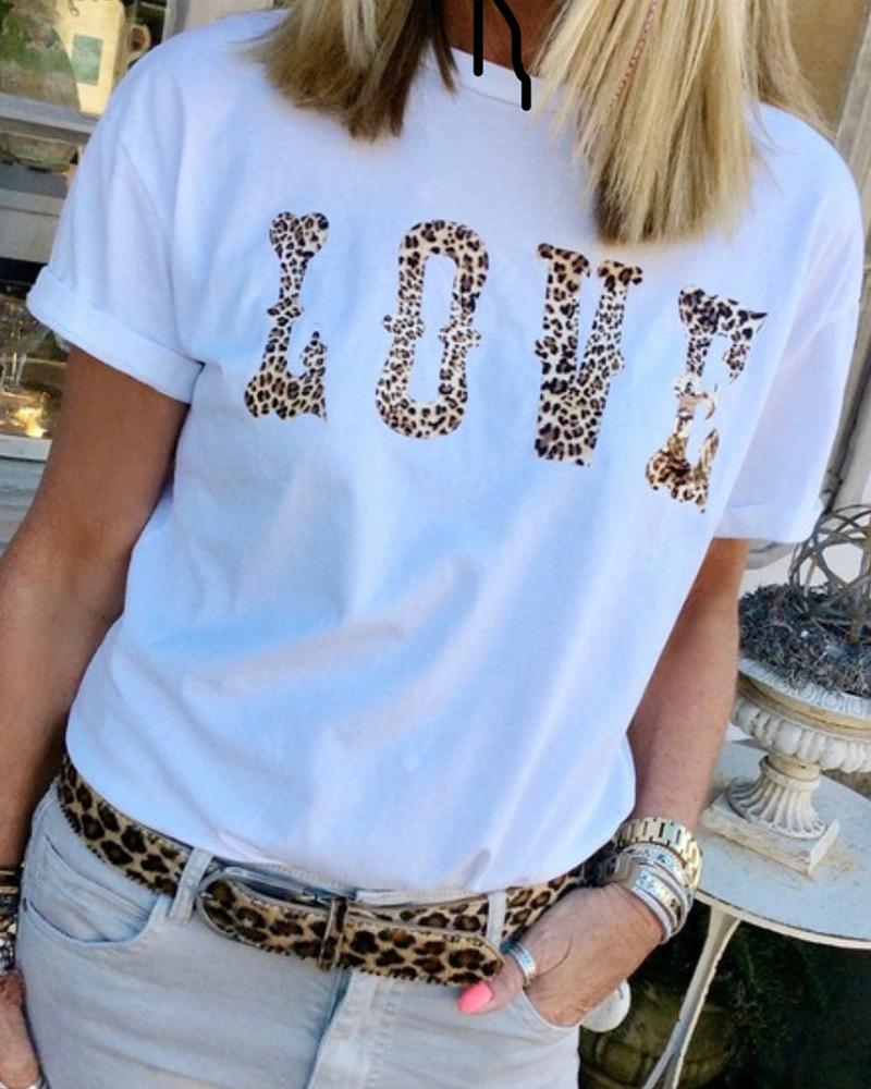 

Letter Cheetah Print Short Sleeve Casual T-shirt, White