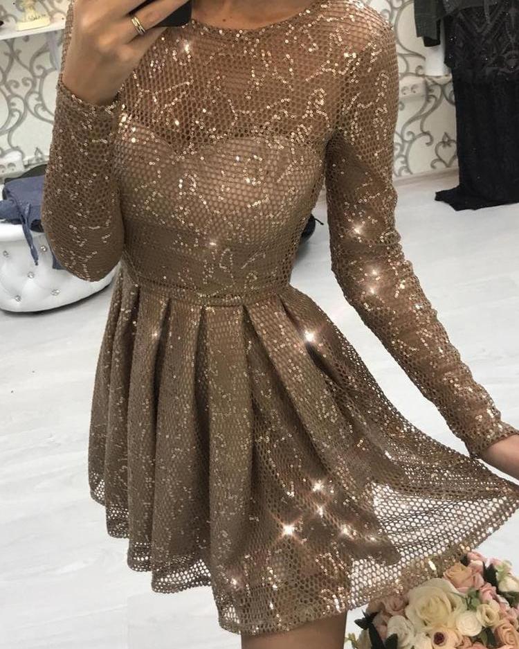 

Glitter Sheer Mesh Pleated Mini Dress, Light brown