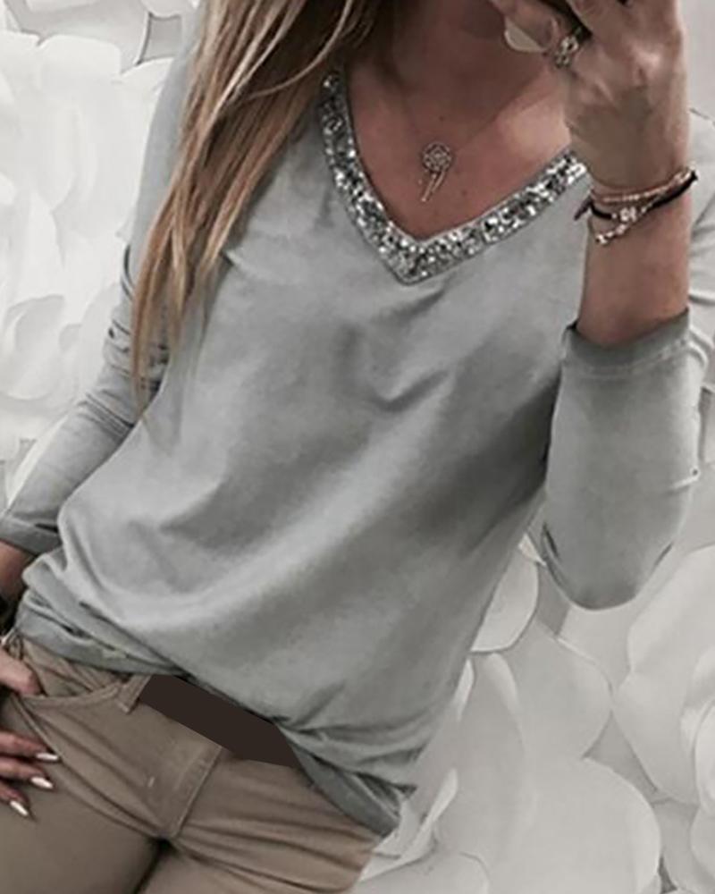 

V-Neck Sequins Long Sleeve Blouse, Gray