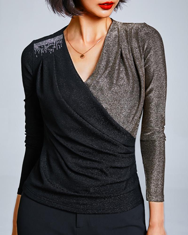 

Colorblock V-Neck Wrap Blouse, Black