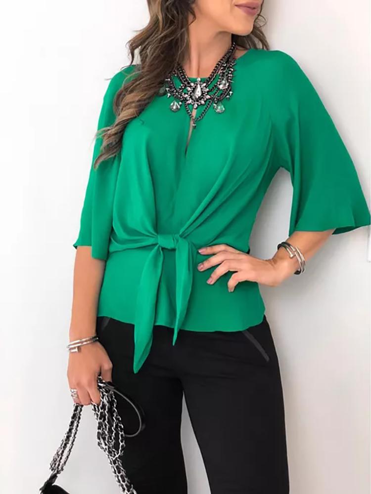 

Solid Knot Front Cutout Back Blouse