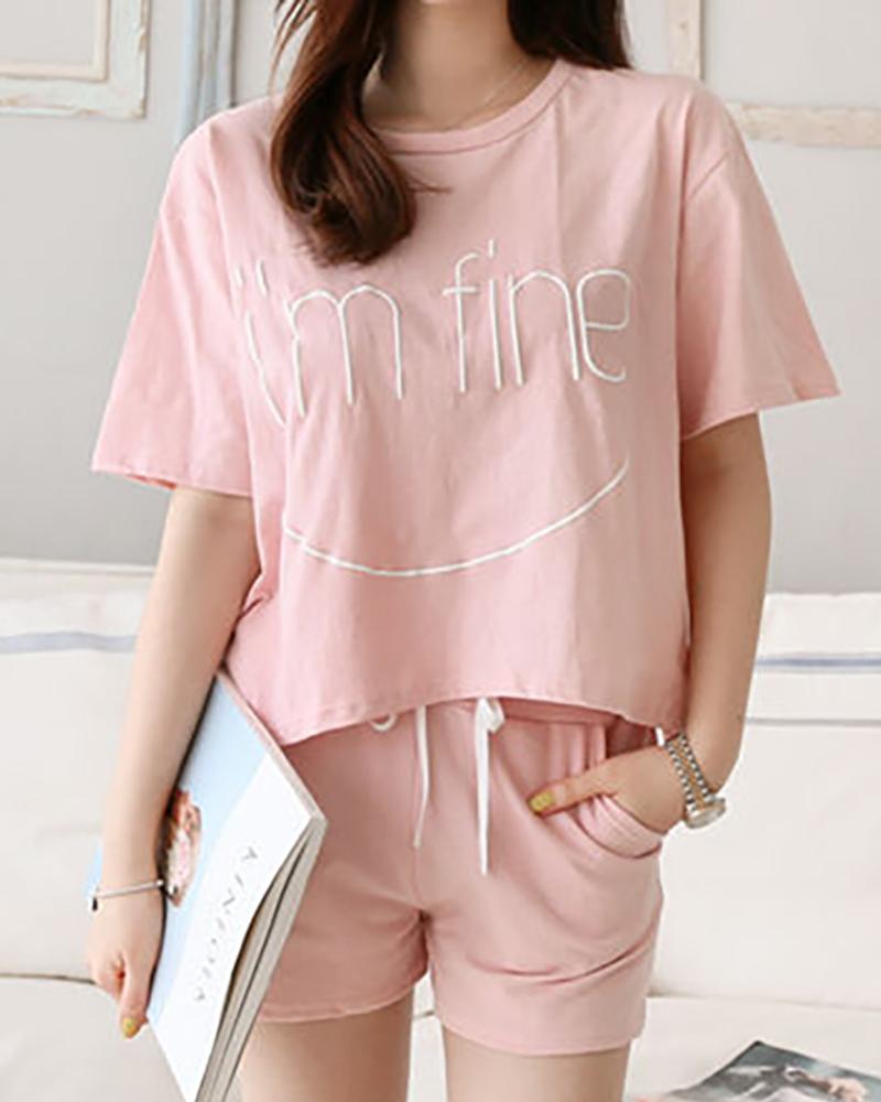 

Short Sleeve Striped Print Pajamas Set, Pink
