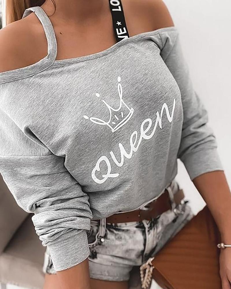

Cold Shoulder Letter Print Sweatshirt, Gray