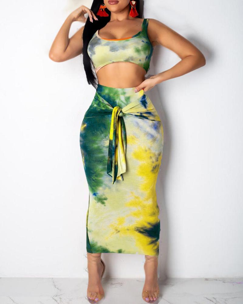 

Tie Dye U-Neck Crop Top & Sllinky Skirt Sets, Yellow