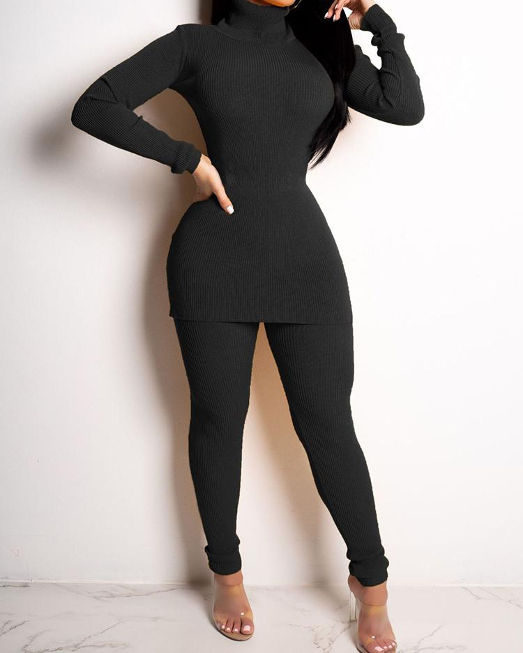 

High Neck Long Sleeve Knitting Sweater & Pant Sets, Black
