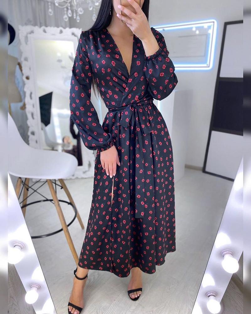 

Floral Print Plunge Long Sleeve Casual Wrap Dress, Black