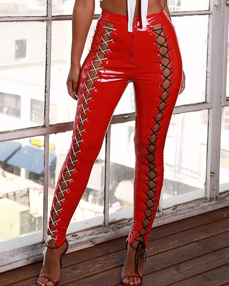 

PU Lace-Up Eyelet Zipper Design Pant