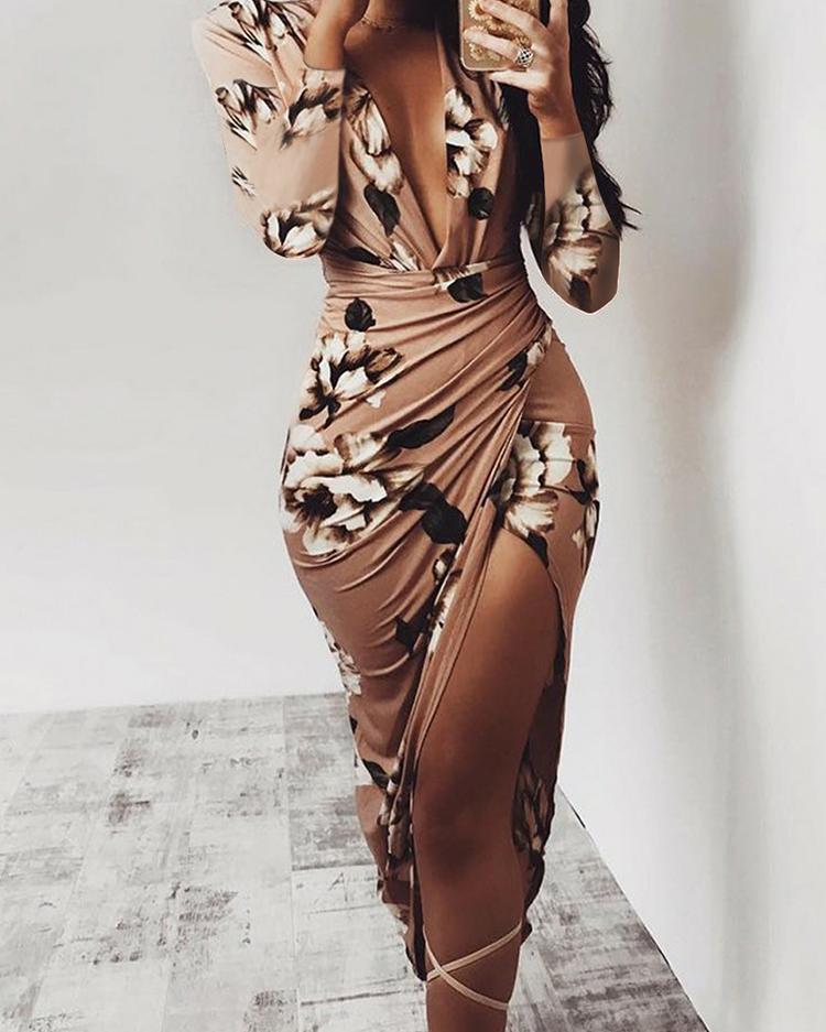 

Floral Deep V Long Sleeve Ruched Bodycon Dress, Multicolor