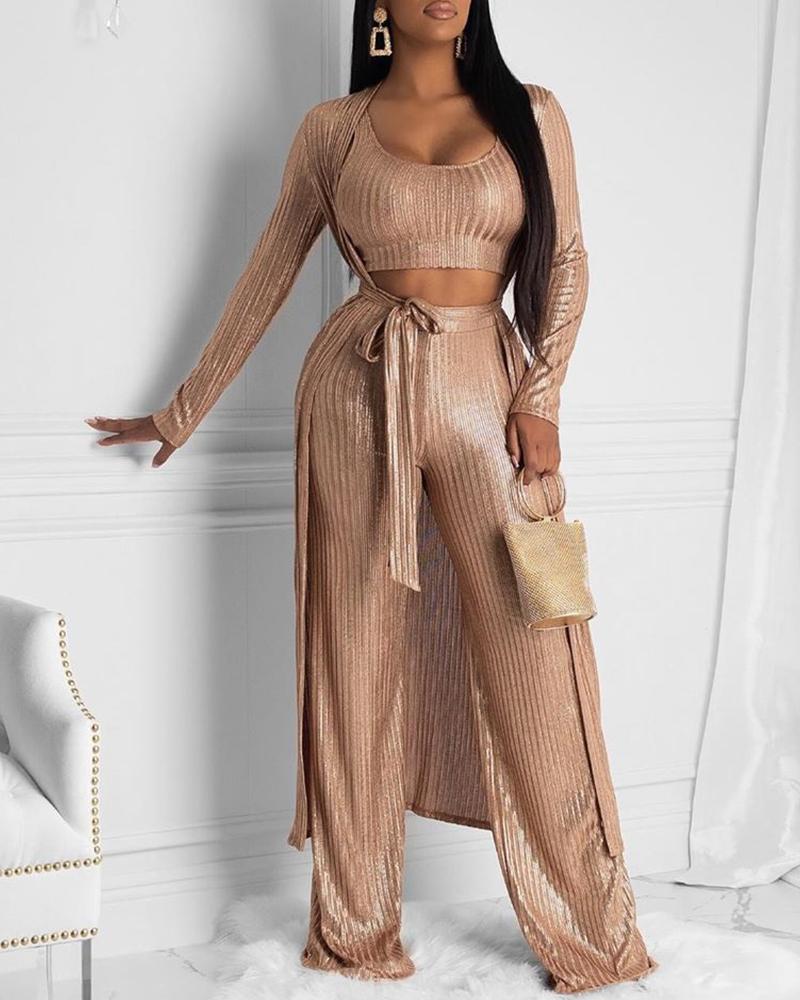 

Glitter Cardigan Coat & Tube & Tied Waist Pants Sets, Champagne