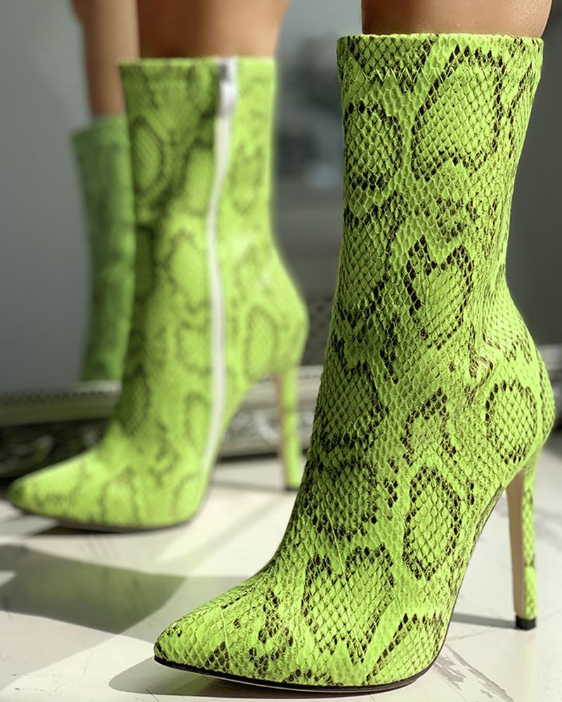 

Snakeskin Print Pointed Toe Thin Heeled Boots, Light green