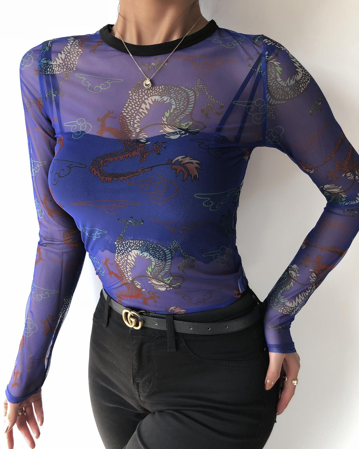 

Sheer Mesh Dragon Print Top, Purple