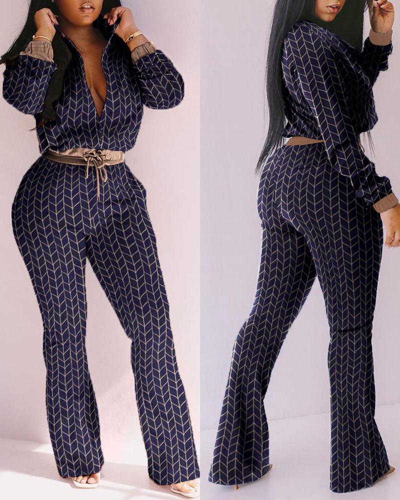 

Colorblock Long Sleeve Top & Drawstring Pants Set, Purplish blue