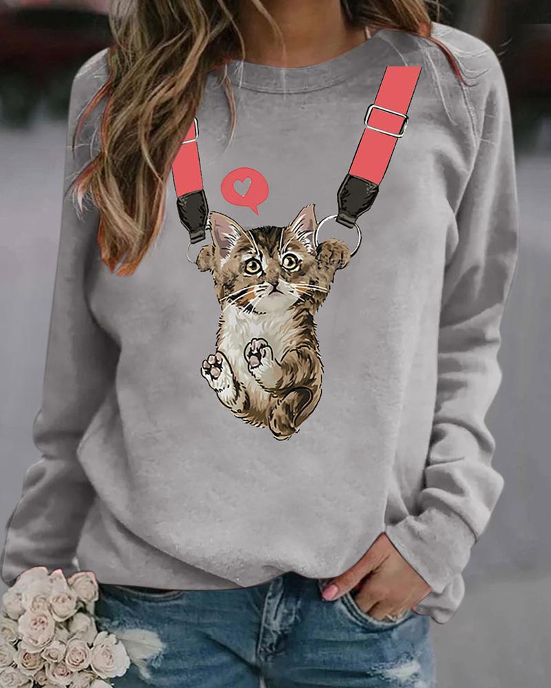 

Cat Print Long Sleeve Pullover Sweatshirt, Gray