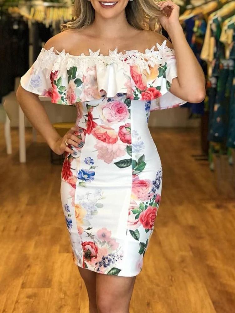 

Floral Print Lace Applique Ruffled Bodycon Dress, White