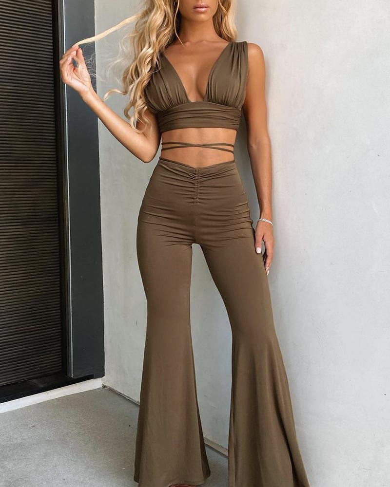 

Plain High Waist Flared Leg Pants, Brown