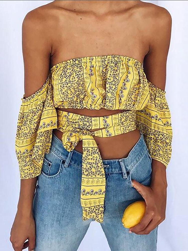 

Sexy Off Shoulder Bohemian Style Tied Top, Yellow
