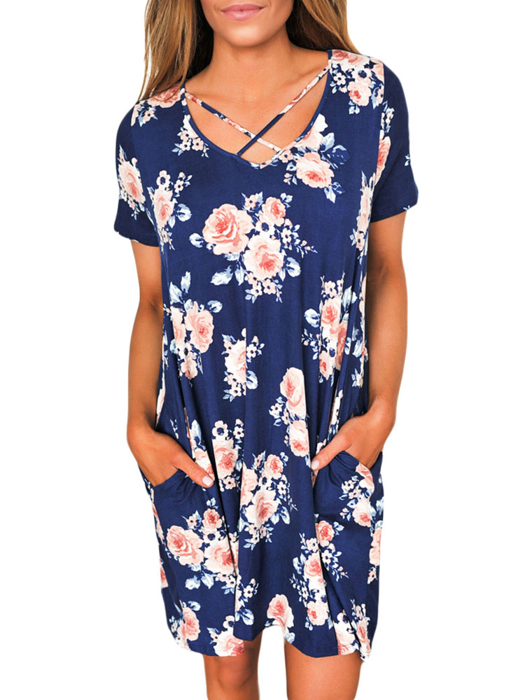 

Vintage Floral Print Crisscross Casual Dress, Blue;yellow