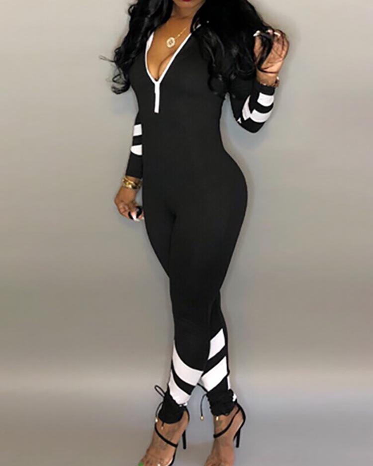 

Contrast Color Splicing Slinky Jumpsuits, Black