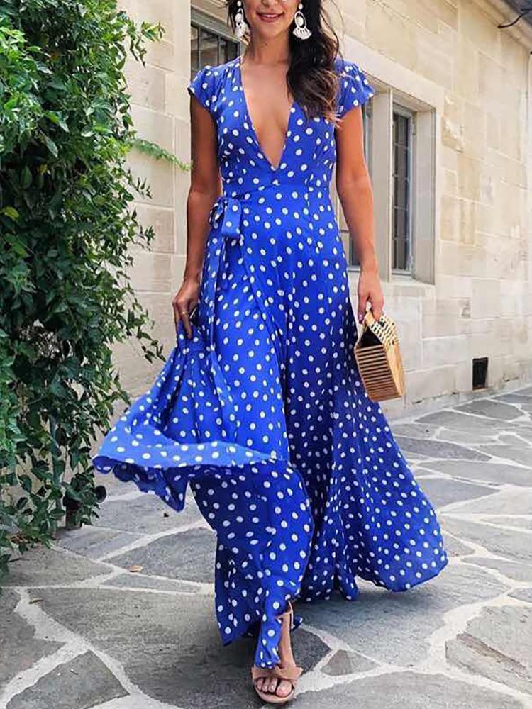 

V-Neck Tie Waist Dot Print Maxi Dress