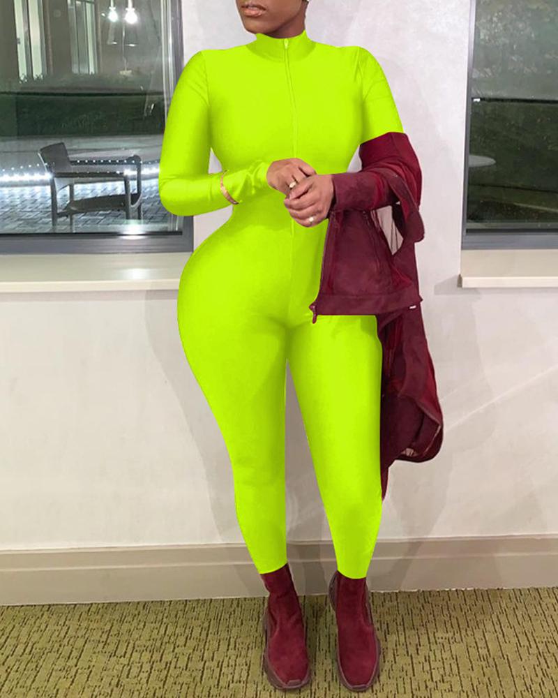

Cut Out Front Zipper Jumpsuit, Green