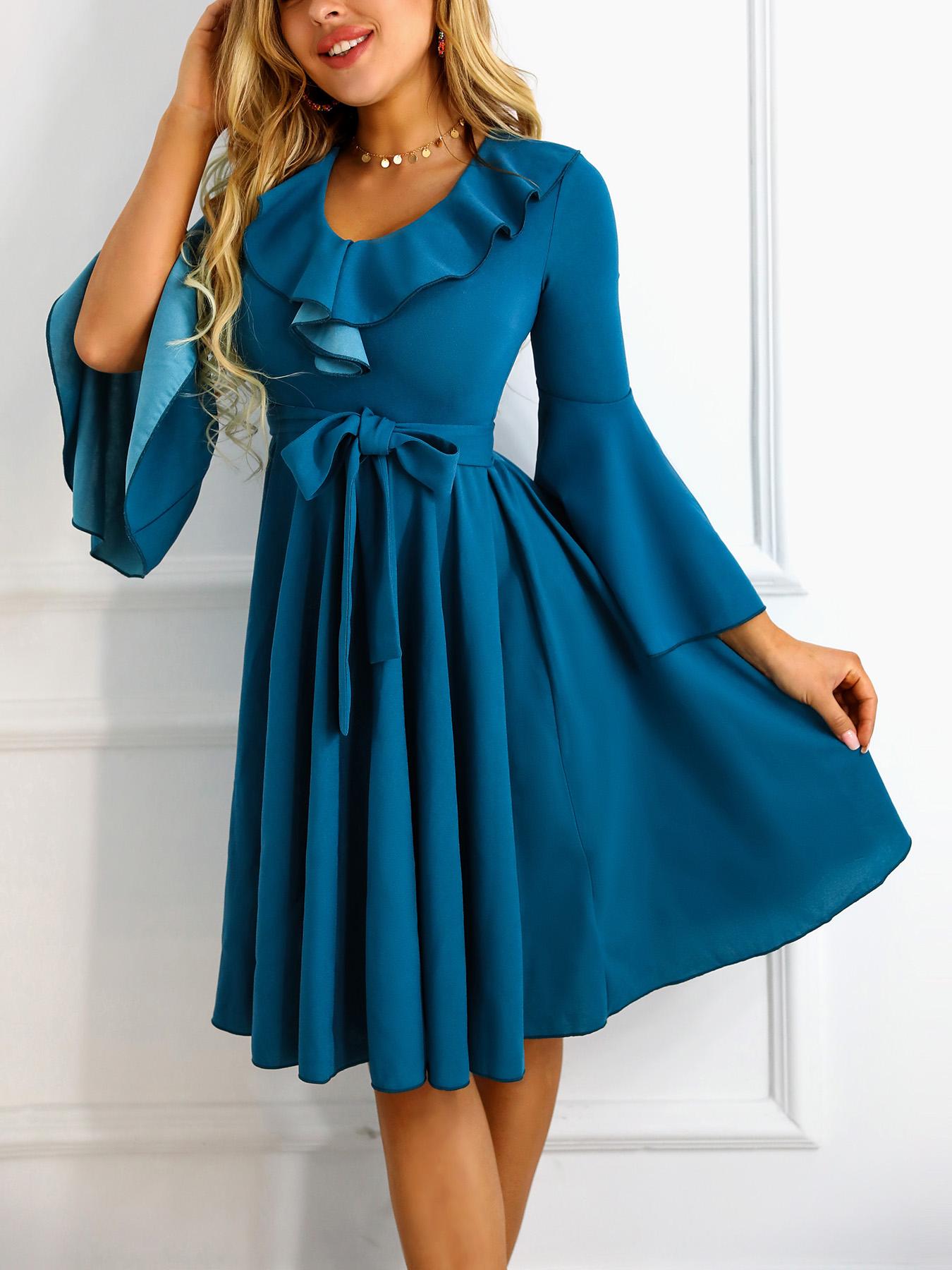 

Bell Sleeve Ruffles Design Casual Dress, Dark green