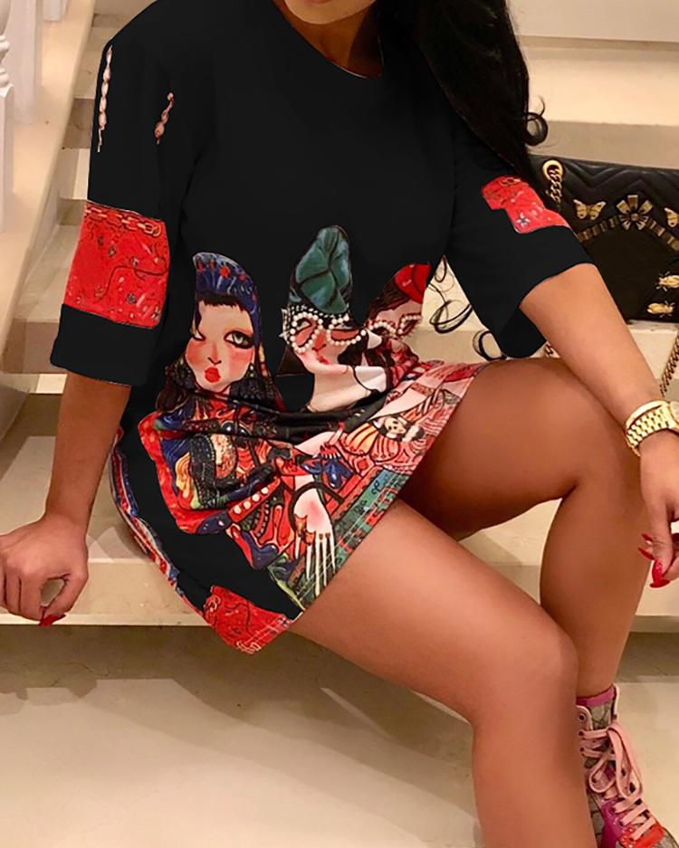 

Oversize Characters Print Half Sleeve Casual Dress, White